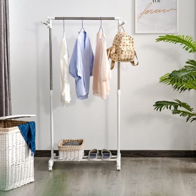 MODFU - Staande kapstok met opbergplank - Verstelbaar in hoogte (87-145 cm) - Met zijhaken - Verrijdbaar met remmen - Voor hal, slaapkamer of wasruimte - Wit - Roestvrij staal