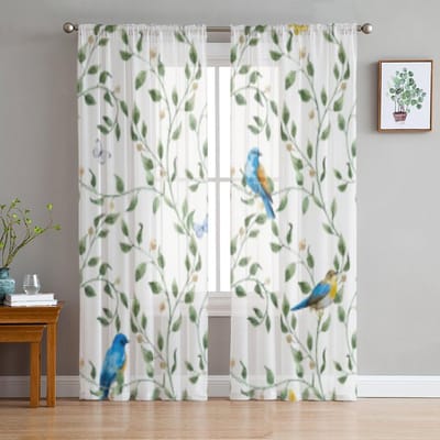 Aquarel Bloemen En Vogels Tule Transparante Gordijnen voor Woonkamer de Kamer Slaapkamer Keuken Decoratie Voile Organza Gordijnen 135W x 114H(cm) white