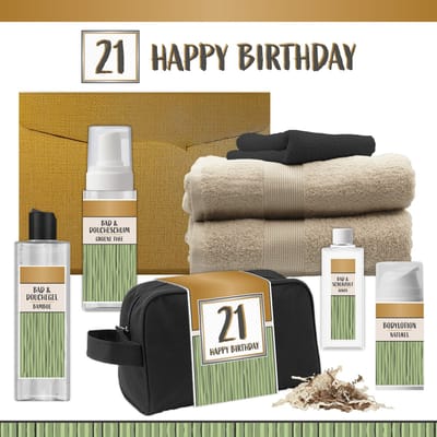Geschenkset “21 Happy Birthday” - 8 producten - 1140 gram | Luxe wellness Cadeaubox voor Hem Giftset Feestje Verjaardag Eenentwintig jaar Cadeau Pakket Douche Gefeliciteerd Verjaardagscadeau Man Gift Set Party Twenty-one Years Hartje Goud Groen Beige