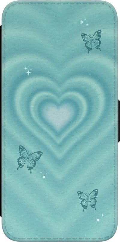 Leuke Telefoonhoesjes - Hoesje geschikt voor Samsung Galaxy A34 bookcase leer - Retro hart vlinder - Retro hart vlinder - Wallet Case met pasjeshouder - Print / Illustratie - Blauw