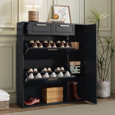 Wishdor Schoenenkast met 2 Kanteldeuren en Lades 95x24x107,5 cm - Halmeubel voor Laarzen & Schoenen - Zwart/Goud