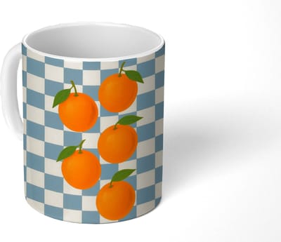 Mok - Koffiemok - Sinaasappels - Blaadjes - Geblokt - Blauw - Mokken - 350 ML - Beker - Koffiemokken - Theemok