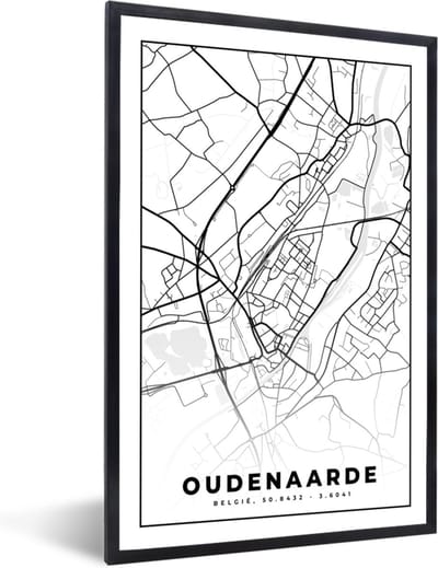 Fotolijst incl. Poster Zwart Wit- Zwart Wit – België – Plattegrond – Stadskaart – Kaart – Oudenaarde - 40x60 cm - Posterlijst