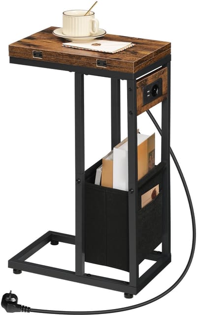 Dailygoods - Bijzettafel - C-vormige salontafel - Laadstation en USB-poorten - Vintage bruin en zwart - Inklapbaar ontwerp - Geschikt voor woonkamer e...