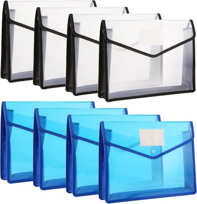 Ruime A4 Documententas met 8 Stukken, Uitbreidbare Plastic Mappen voor Kantoor, School en Reizen, Inclusief Drukknop Sluiting in Blauw en Zwart