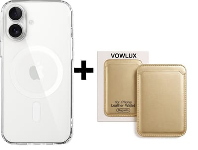 VOWLUX Compatible MagSafe Hoesje voor iPhone 16 Plus Transparant – Inclusief Gouden Wallet Pasjeshouder – 24 Magneten – Kunstleer – 3 Kaarten – Shockproof Case