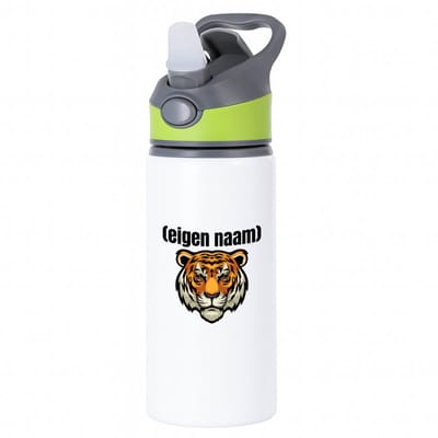 Hacebo® - tijgerkop met eigen naam waterfles met rietje groen - Tijger - dieren liefhebber - iemand die houdt van tijgers - verjaardag - cadeau - kado - geschenk - water fles - 650ML