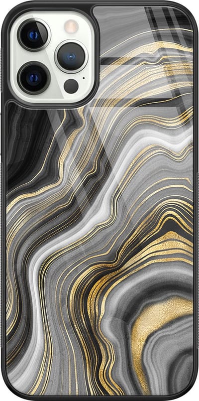 Hoesje geschikt voor iPhone 12 Pro - Marble agate - Luxe Glazen Hardcase - Marmer - Goud - Leuke Telefoonhoesjes