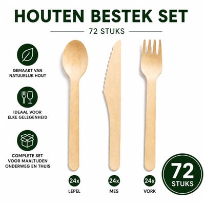 Chipa - Houten Bestek Set 72 Stuks – 24 Lepels, 24 Vorken & 24 Messen – Wegwerp Bestek – Natuurlijk Hout – Bestekset – Voor BBQ, Picknick, Feest & Catering
