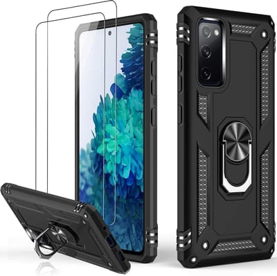 HB Hoesje Geschikt voor Samsung Galaxy S20 FE Zwart - Anti-Shock Hybrid Armor Back Cover - Hoes met Kickstand Ring & 2X Glazen Screenprotector