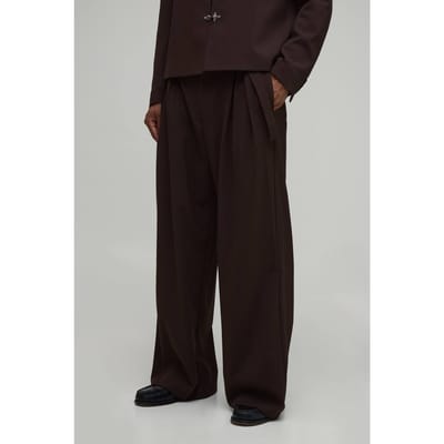 Pantalon De Costume Large À Double Plis Et Ceinture Ajustée | Chocolate | Size 28