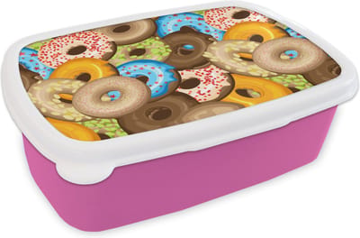 Broodtrommel Roze - Lunchbox - Brooddoos - Donuts - Patronen - Sterren - 18x12x6 cm - Kinderen - Meisje