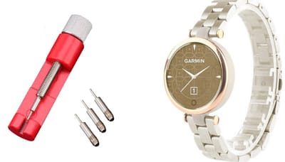 Stalen Smartwatch Band + Toolkit - Geschikt voor Garmin Lily - Stalen Band - Goud - Strap-it Horlogeband / Polsband / Armband - RVS Armband - Stalen Schakel Band