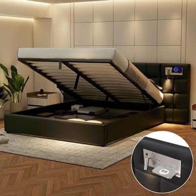 STILVORA Gestoffeerd Bed 180x200 Cm – Usb Aansluiting En Draadloos Opladen – Geïntegreerde Leeslamp – Hydraulische Opbergruimte – Zonder Matras – Zwart