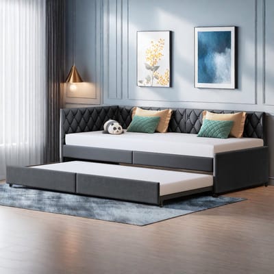 Slaapbank voor tweepersoonsbed, uittrekbaar, 90/180 x 200 cm, tweepersoonsbed, 2-zits, logeerbed, dagbed, uittrekbaar, multifunctionele bank, (grijs + fluweel, 90/180 x 200 cm)