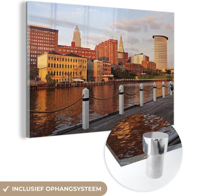 ® Glasschilderij 180x120 cm - Schilderij acrylglas - Het stadsgezicht van het Amerikaanse Cleveland tijdens een zonsondergang - Foto op glas - Muurdecoratie woonkamer - Wanddecoratie slaapkamer - Schilderijen