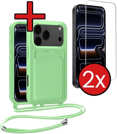 Hoesje Geschikt voor iPhone 17 Pro / 18 Pro Hoesje Met Telefoonkoord en Pasjeshouder Met 2x Screenprotector Siliconen - Hoes Geschikt voor iPhone 17 Pro / 18 Pro Hoesje Met Kaarthouder Case - Groen