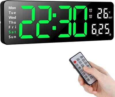 Digitale LED Wandklok 13 inch Groot Display met Afstandsbediening - Modern Ontwerp Verstelbare Helderheid - Tijd Datum Temperatuur - Woonkamer Keuken Kantoor Gym