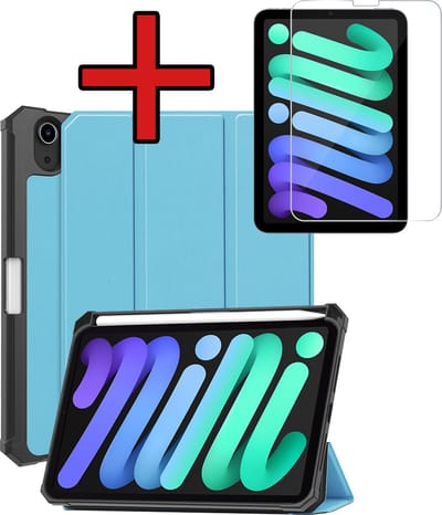 Hoesje - Geschikt voor Apple iPad Mini 7 (2024) - 8.3 inch - 7e Generatie - Met Screenprotector - Trifold Bookcase Hoes - Hard Cover Case - Met Uitsparing Geschikt voor Apple Pencil - Hardcover Book - Tablethoes - Lichtblauw
