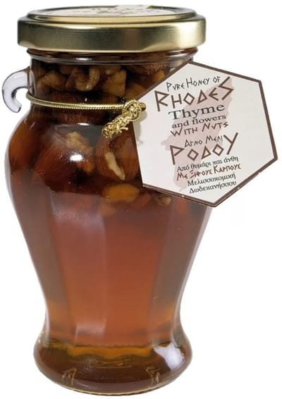 Melissokomiki Dodecanesse AMPHOREAS – Pure Thyme & Wildflower Honey met Noten 250g | Authentieke Griekse Tijmhoning uit Rhodos in Exclusieve Amfoor Jar