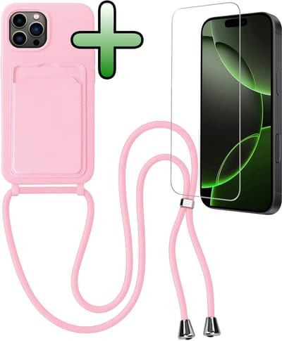 Hoes Geschikt voor iPhone 16 Pro Hoesje Pas Houder Case Hoes Met Koord Met Screenprotector - Hoesje Geschikt voor iPhone 16 Pro Hoes Met Telefoonkoord Pasjeshouder Cover - Lichtroze