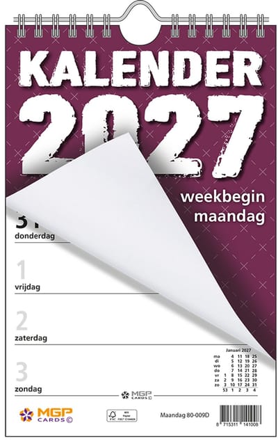 MGPcards - Weekblok met Wire-O binding 2027 - Week begint op maandag - 13,5 x 20,5 cm - Purper