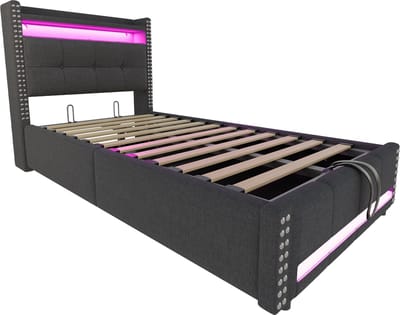 Gestoffeerd kinderbed van 90x200 cm met ledverlichting en USB-poort, hoofdeinde met plank en opbergruimte, hydraulisch liftmechanisme, eenpersoonsbed, grijze linnen stof.