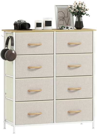 Clruro Ladekast - 8 Stoffen Lades - Slaapkamerkast met Zijvakken en Haken - Stof - Beige