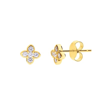 Lucardi Dames Zilveren goldplated oorknoppen bloem zirkonia - Oorbellen - 925 Zilver - Goudkleurig