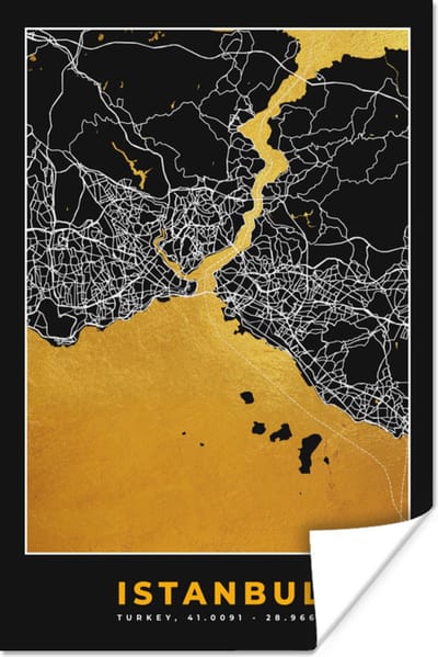Poster Istanbul - Plattegrond - Goud - Stadskaart - Kaart - 120x180 cm XXL