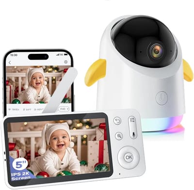 2K Babyfoon - 5 Inch Scherm - Op Afstand Bestuurbaar - Babyfoon met Camera - Nachtlampje - Baby Monitor - 355° Horizontale en 120° Verticale