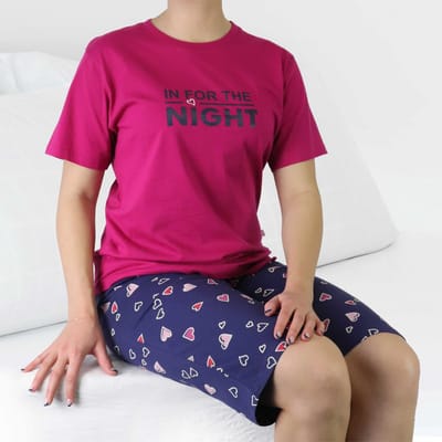 Irresistible Dames Pyjama - 3/4 Broek - Hartjes - Fuchsia - Maat M