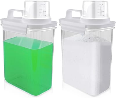 Multifunctionele Waspoeder Dispenser met Maatbeker - 2 Stuks van 2000ml voor Opbergen, Organiseren en Makkelijk Doseren van Wasmiddel