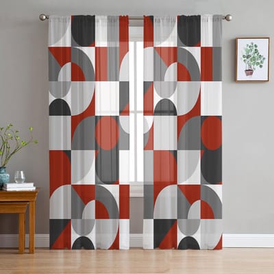 Scandinavische Middeleeuwse Geometrische Kleur Voile Transparante Gordijnen Woonkamer Raam Tule Gordijn Keuken Slaapkamer Gordijnen Huisdecoratie 135W x 114H(cm) brown