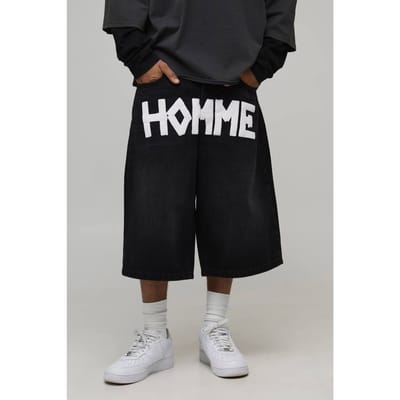 Tape Effect Crotch Print Longline Denim Jorts | Washed Black | Size 44