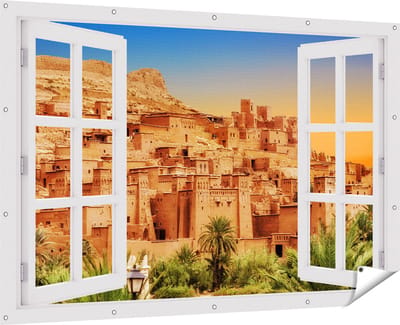 Gards Tuinposter Doorkijk Kasbah Ait Ben Haddou Stad in Marokko - 180x120 cm - Tuindoek - Tuindecoratie - Wanddecoratie buiten - Tuinschilderij