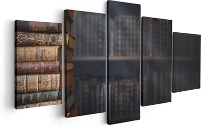 Artaza Canvas Schilderij Vijfluik Oude Historische Boeken - Retro - 100x50 cm - Wanddecoratie Woonkamer - Schilderijen - Muurdecoratie