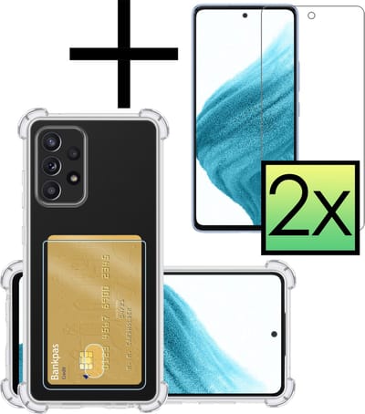 Hoesje - Geschikt voor Samsung Galaxy A53 - Met 2x Screenprotector - Pashouder - Kaarthouder - Telefoon Hoes Shockproof - Siliconen Case - Back Cover - Shock Proof - Pasjes Houder - Transparant
