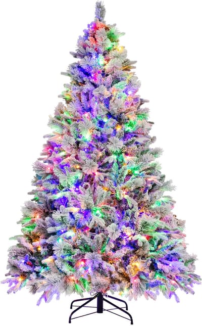 COSTWAY Kunstkerstboom van 210 cm met verlichting, sneeuw en kegels, dennenboom met 8 lichtmodi, 1270 PE-pvc-takuiteinden, kerstboom voor thuis, kantoor, wit