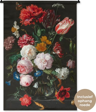 Wandkleed Jan Davidsz de Heem - Stilleven met bloemen in een glazen vaas - Schilderij van Jan Davidsz de Heem Wandkleed katoen 90x135 cm - Wandtapijt met foto