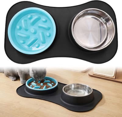 Set van Dubbele Voer- en Waterbakken voor Honden en Katten, Rvs Antislip Bakken met Silicone Mat, Ideaal voor Voeding en Hydratatie, 24 x 19 x 6 cm