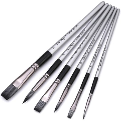 Lot de 6 pinceaux plats et ronds pour aquarelle et gouache, poils en nylon et argenté
