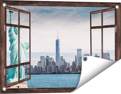 Gards Tuinposter Doorkijk Vrijheidsbeeld in New York - 60x40 cm - Tuindoek - Tuindecoratie - Wanddecoratie buiten - Tuinschilderij