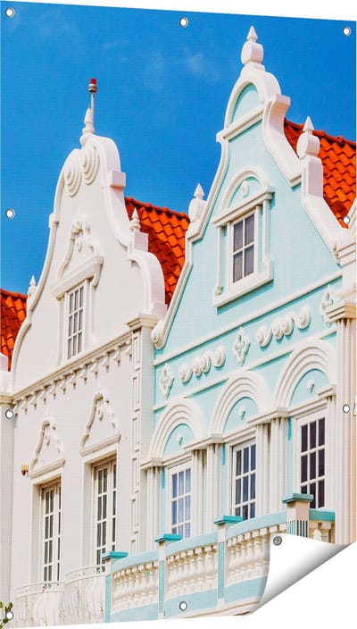 Gards Tuinposter Aruba Kleurrijke Huisjes - Nederlandse Antillen - 80x120 cm - Tuindoek - Tuindecoratie - Wanddecoratie buiten - Tuinschilderij