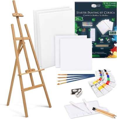 Artina 24-delig Acrylverf Set met Houten Schildersezel FSCÂ® tot 175 cm â€“ Kunstenaars-Kit Corsica met 5 Canvasdoeken, Penselen & Accessoires, Hoogteverstelbaar â€“ Voor Beginners & Hobbyisten