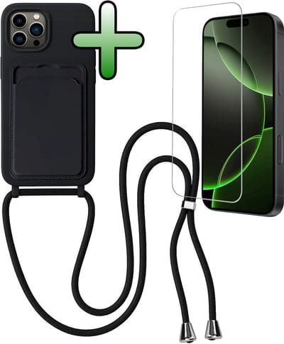 Hoes Geschikt voor iPhone 16 Pro Hoesje Pas Houder Case Hoes Met Koord Met Screenprotector - Hoesje Geschikt voor iPhone 16 Pro Hoes Met Telefoonkoord Pasjeshouder Cover - Zwart