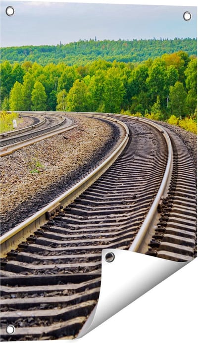Gards Tuinposter Rails Spoorwegen in een Bocht - 40x60 cm - Tuindoek - Tuindecoratie - Wanddecoratie buiten - Tuinschilderij
