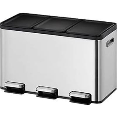 EKO pedaalemmer Essential Recycler, 3 x 10 liter, roestvrij staal, vingerafdrukbestendig, stay-open functie, B 595 x D 321 x H 371 mm, zilver/zwart