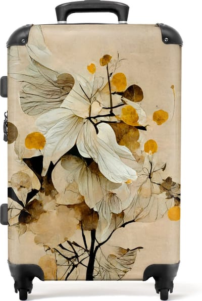 NoBoringSuitcases.com - Grote koffer - Bloemen - Planten - Goud - Vintage - Reiskoffer met 4 wielen - Trolley op wieltjes - Rolkoffer groot - 72 liter - Ruimbagage valies 20kg - Valiezen voor volwassenen