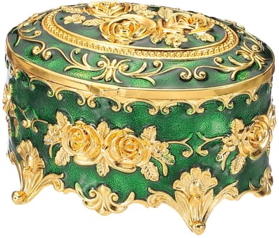 Dailygoods - PATIKIL Vintage metalen juwelendoos, ovale snuisterij organizer doos sieraden opbergdoos voor ring oorbellen ketting, kaptafel, bruiloft verjaardagscadeau huisdecoratie, vrouwen meisjes, groen
